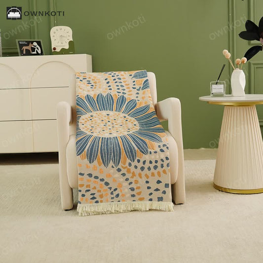 Blooming Sunflower Cotton Gauze Tassel Blanket